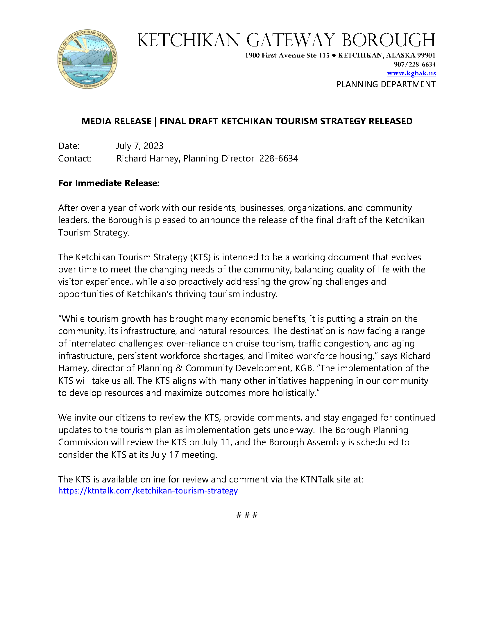 Media Release - Final Draft Tourism Strategy Released