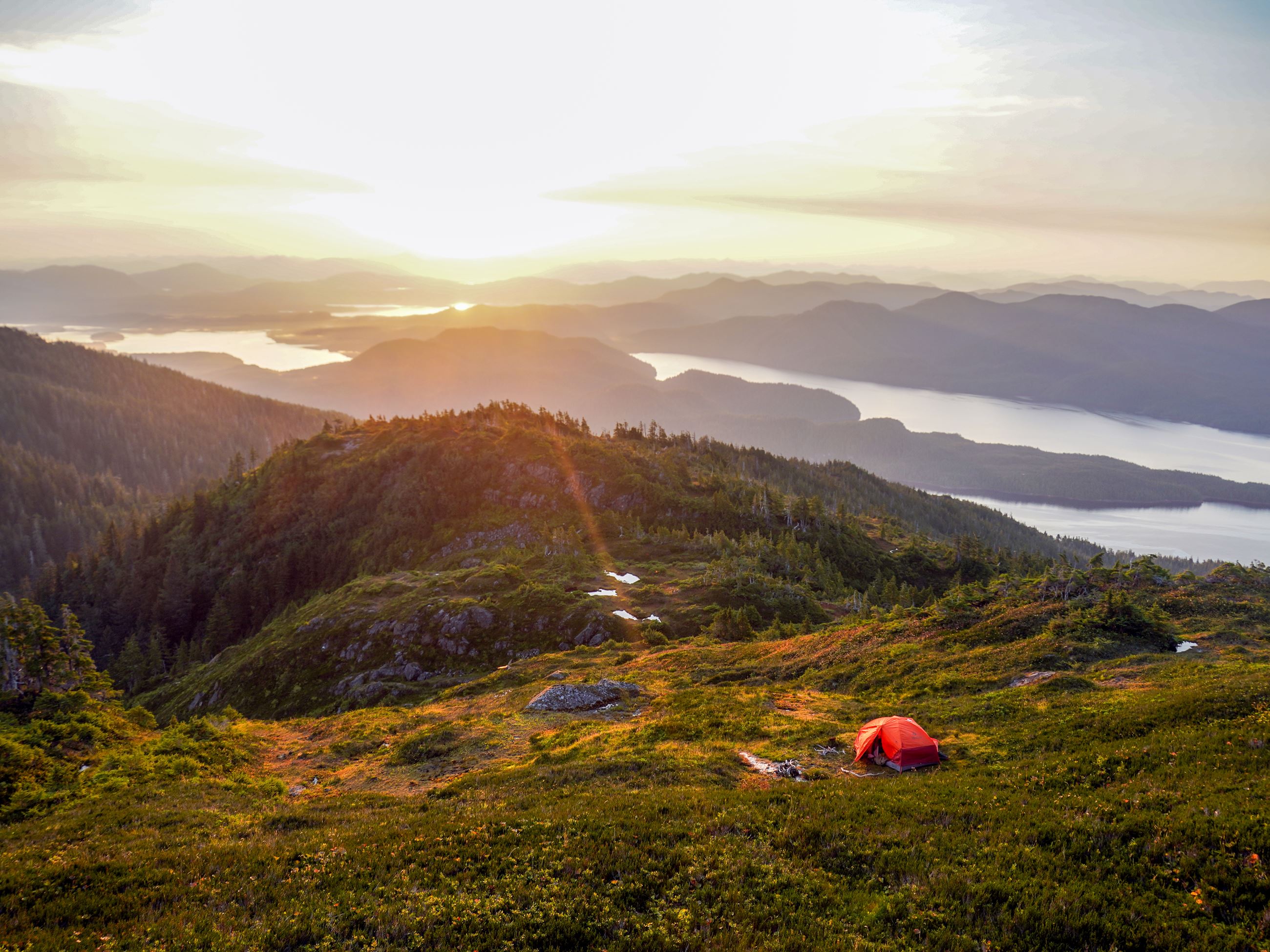Charlie Jose - View looking down at Tongass Narrows from top of the mountain with red tent