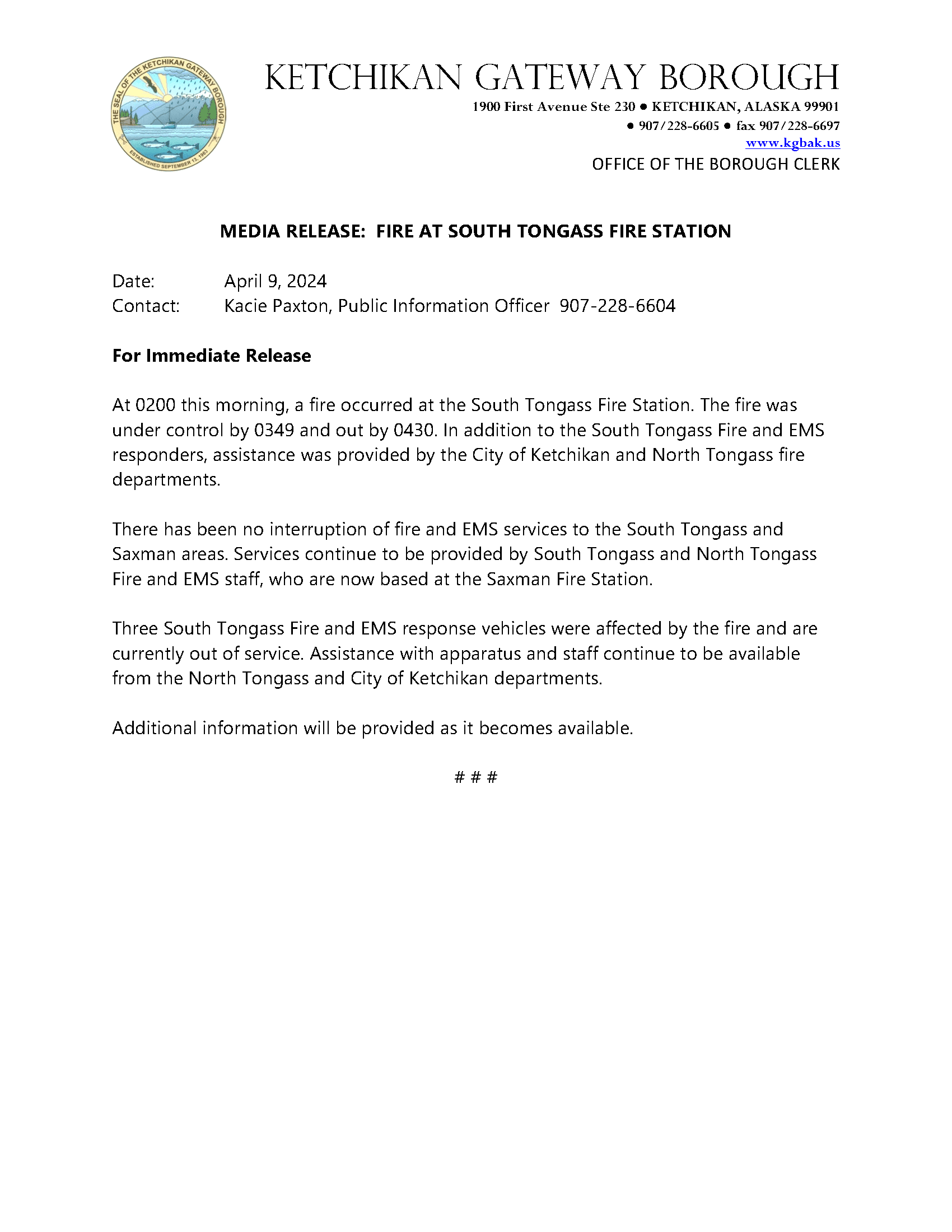 Media Release South Tongass Fire