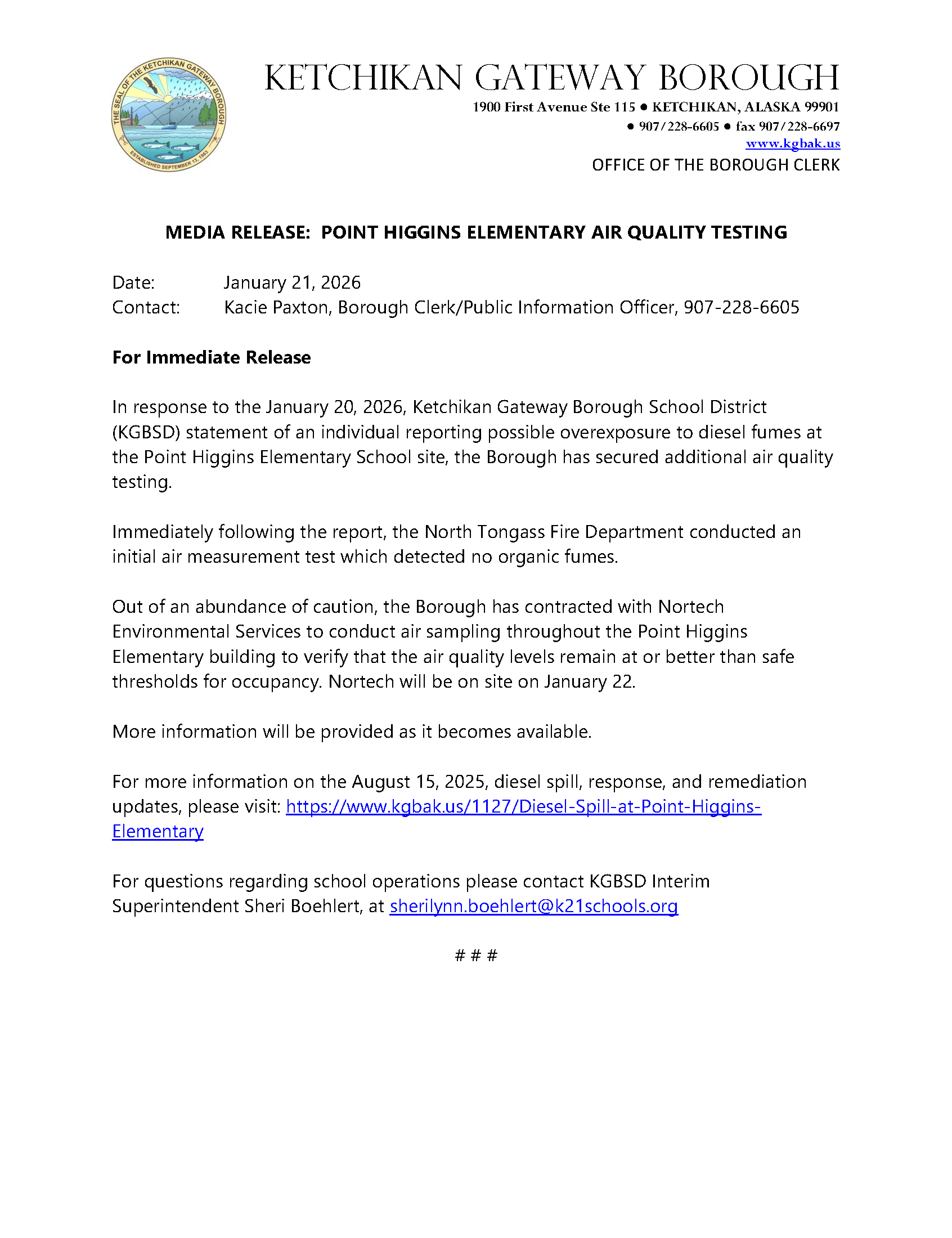 Media Release Point Higgins Diesel Spill Air Quality Testing