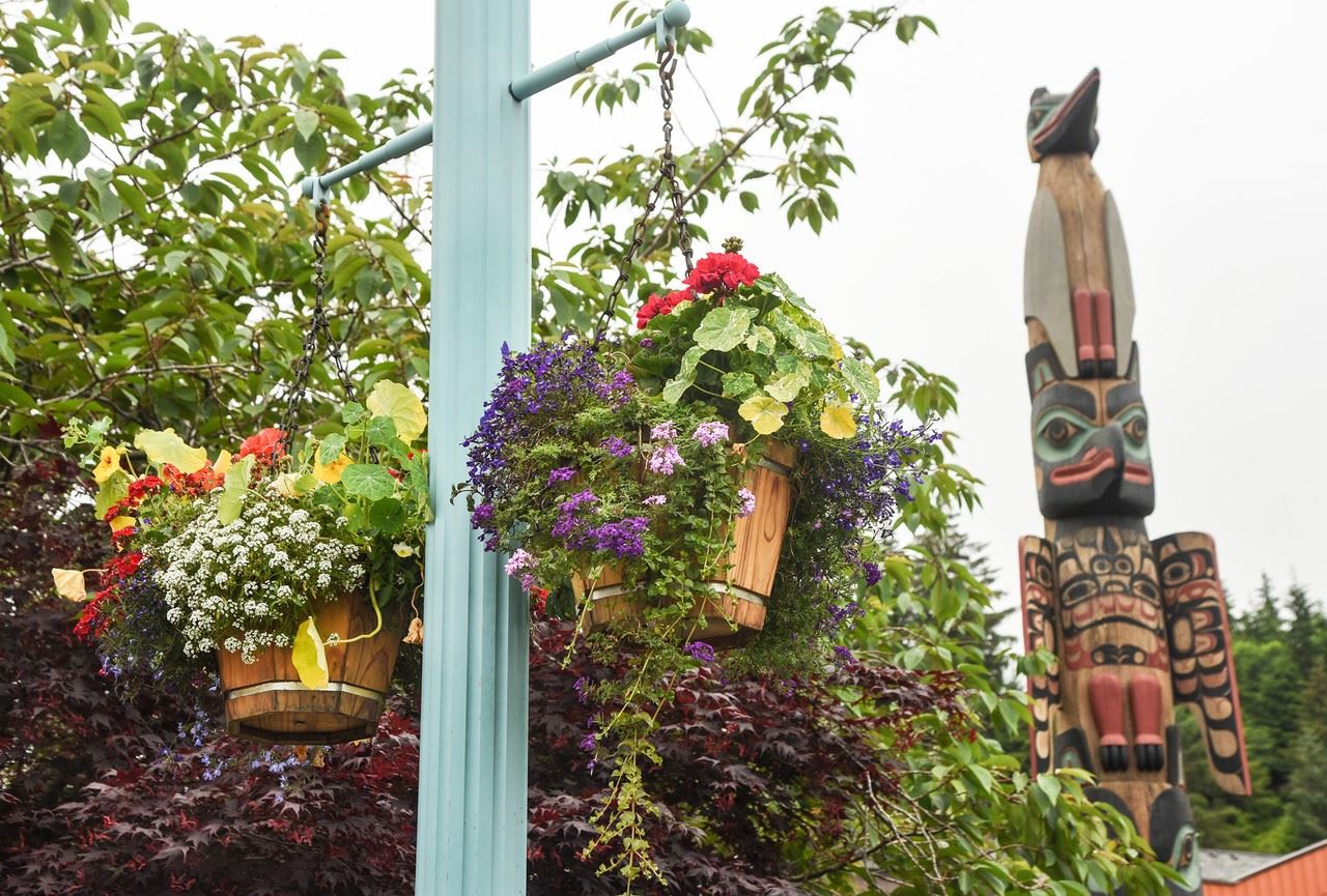 Flower baskets and Totem Pole