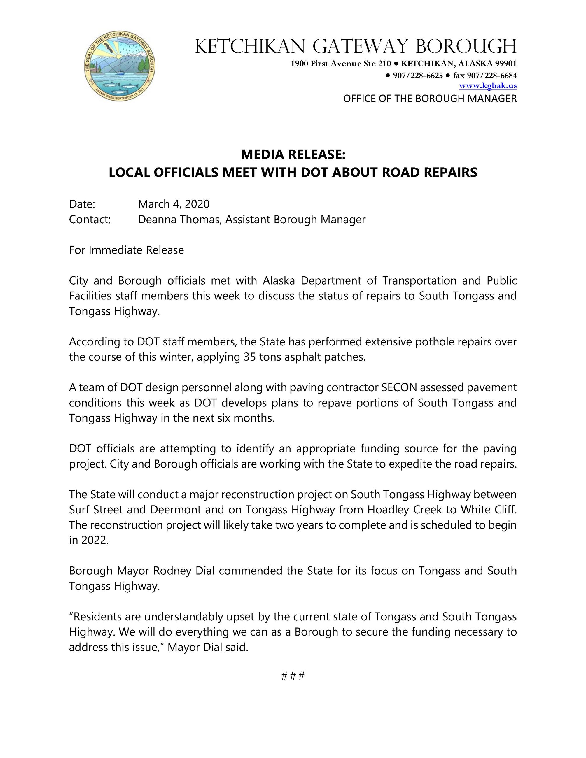Tongass Highway Press Release 3.4.2020